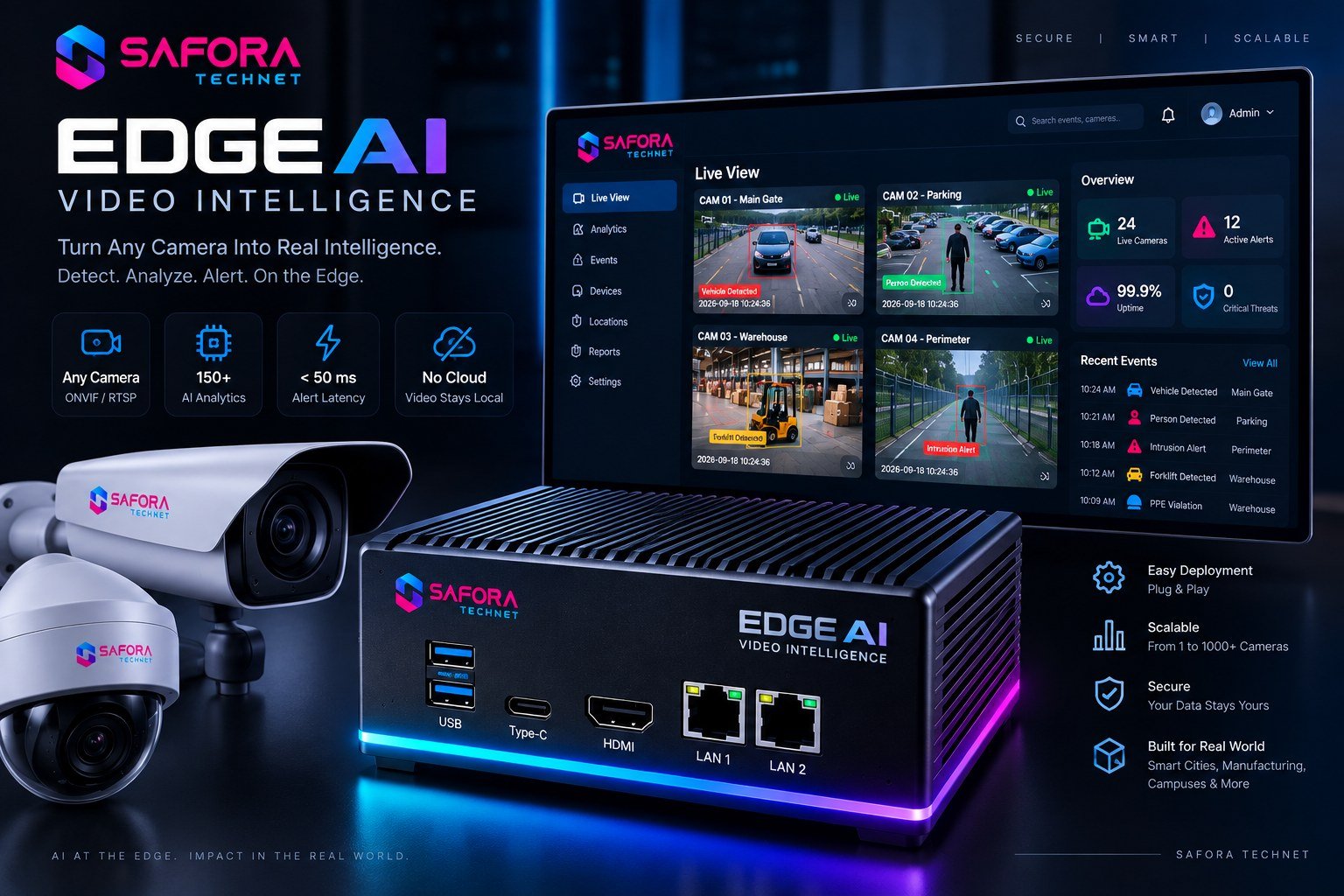 Safora Technet AI Video Analytics edge appliance and live view
