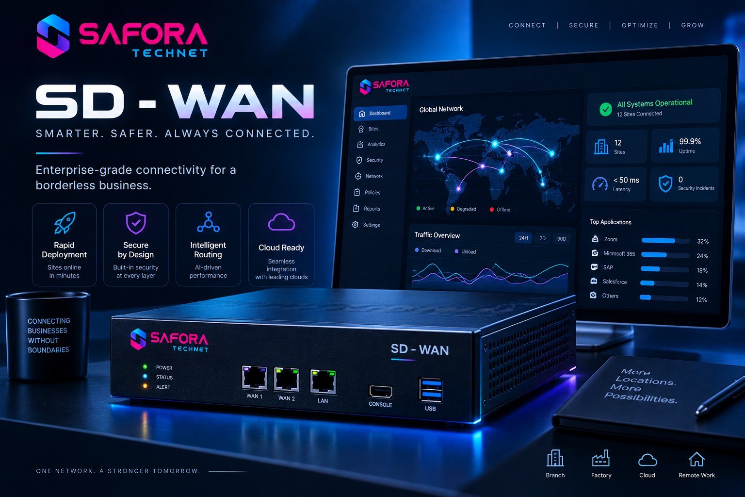 Safora Technet SD-WAN appliance and dashboard